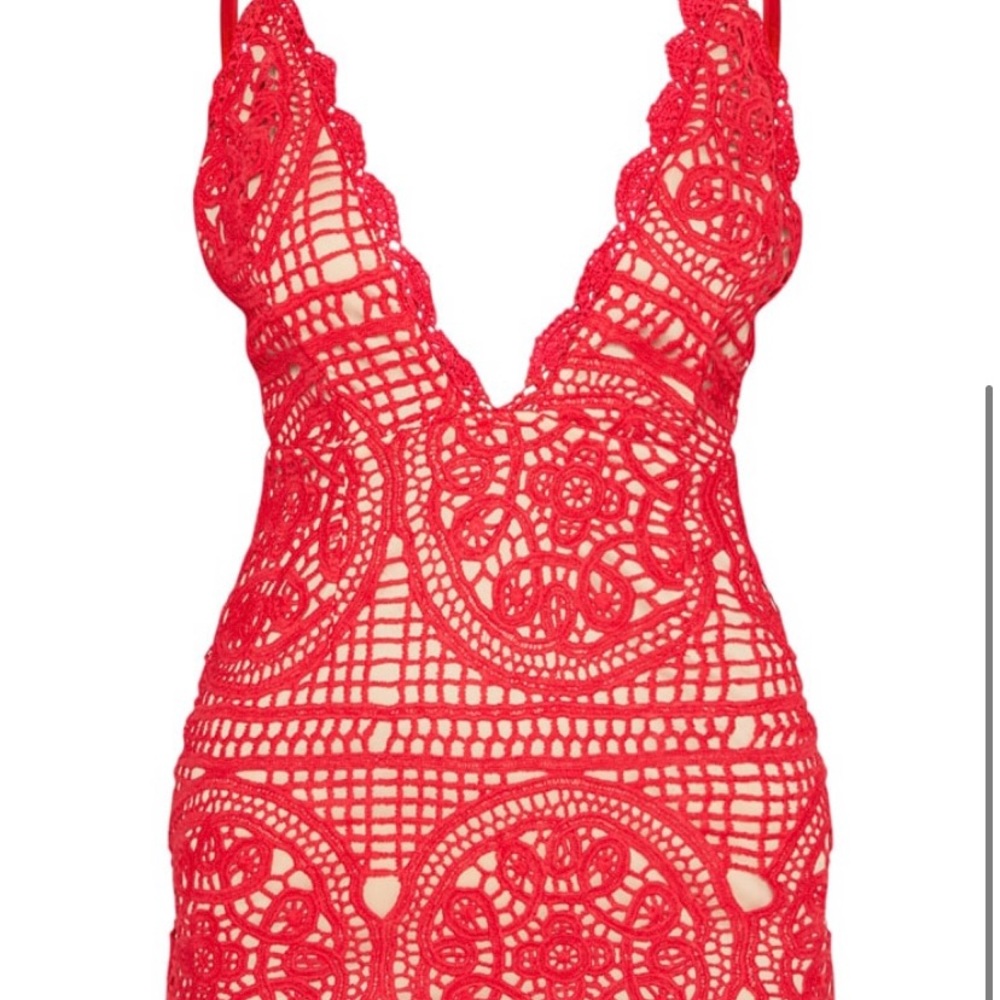 COPY - Red Strappy Thick Lace Frill Hem Bodycon Dress